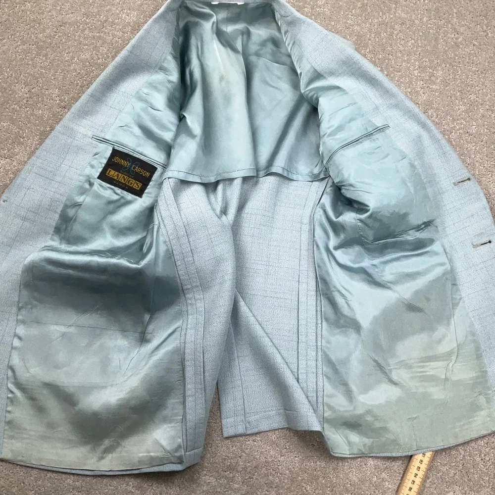 Johnny Carson Suit Mens 41R 35W 31L Light Blue Windowpane 70s Style Retro Kitsch